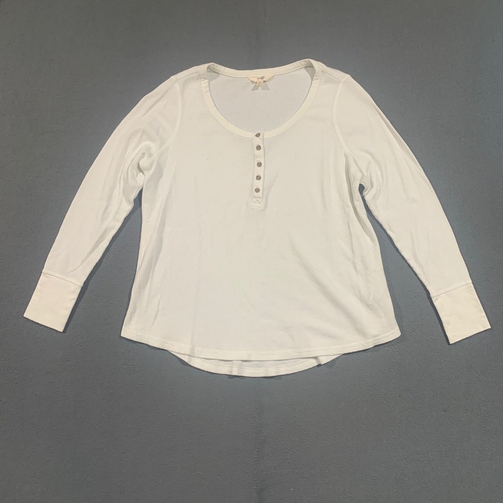90s Grunge Womens White Waffle Knit Henley Top Plus Size‎ 0X 14W Long Sleeve